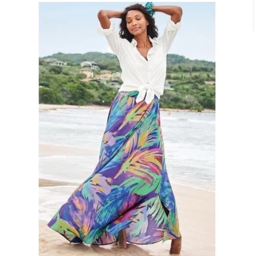 Soft Surroundings Reethi Bay Tropical Palms Colorful Faux Wrap Maxi Skirt PM